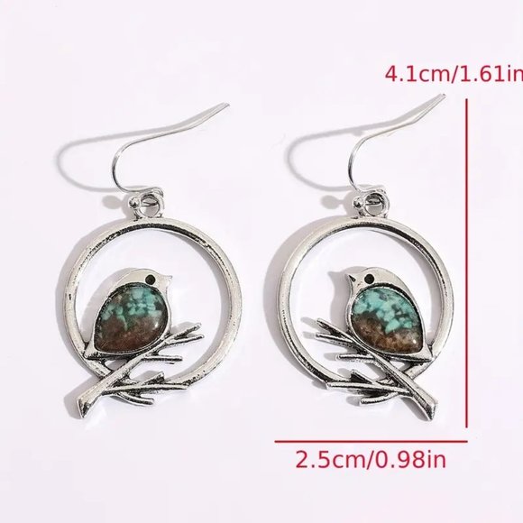 Bird Earrings Drop Hoop Dangle Silver Tone Inlayed Nature Tree Turquoise Stone - Picture 3 of 3